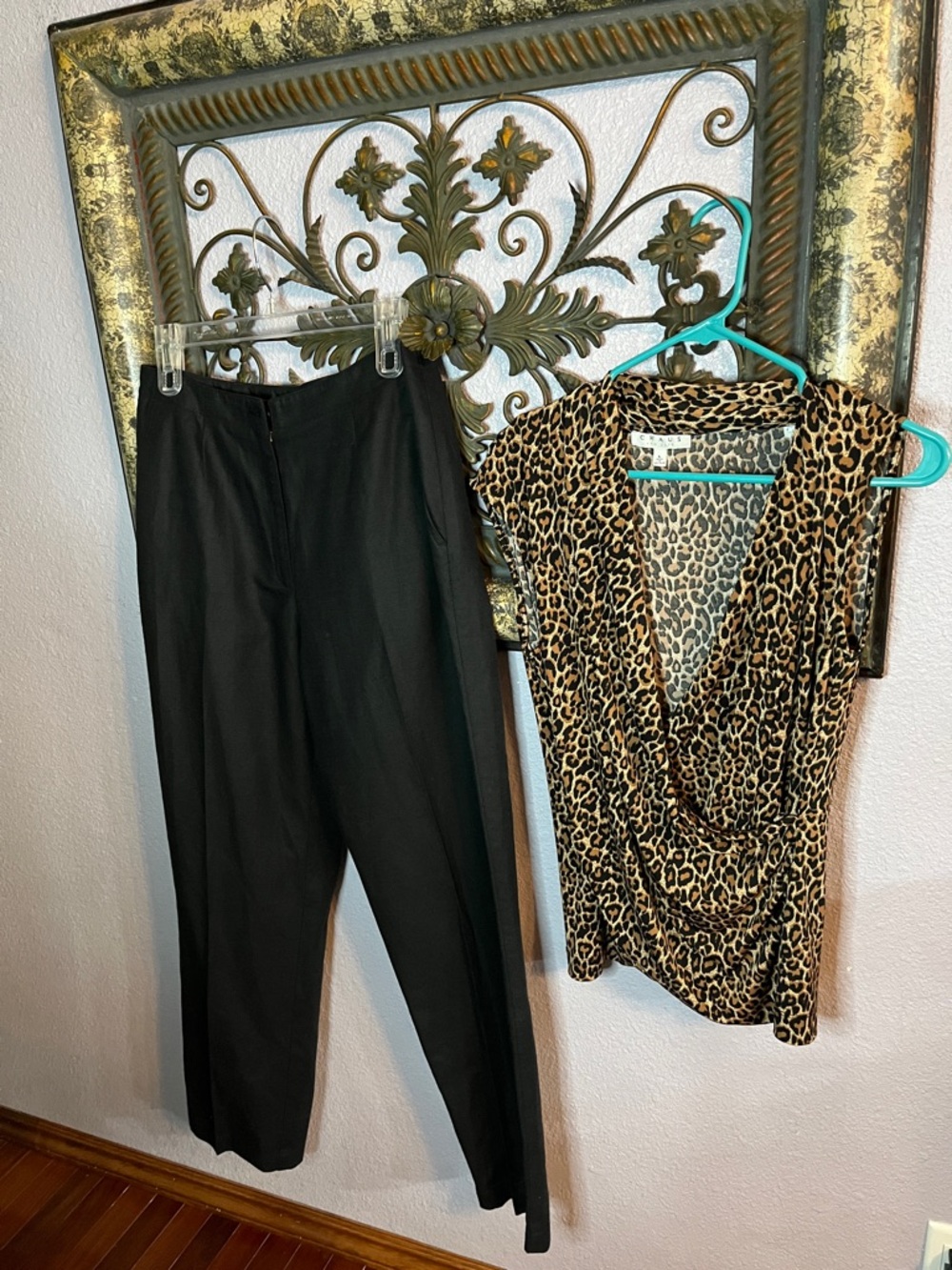 2Pc Set Chaus NY SL Animal Print Top Sz L & Charter Club Blk Linen Pants Sz 12